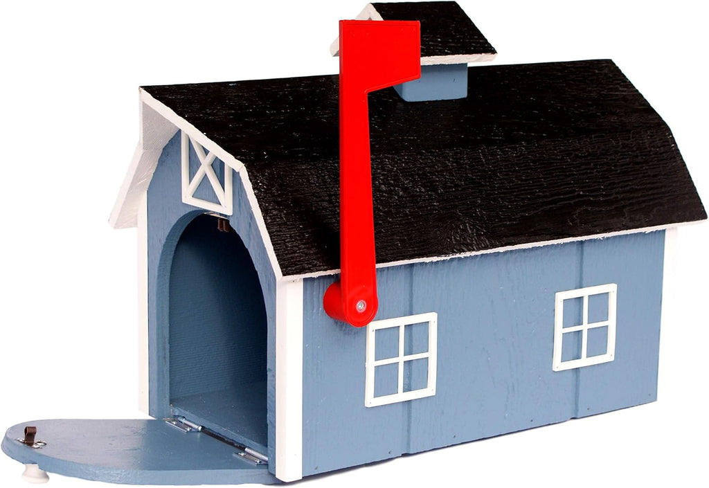 Deluxe Wooden Mailbox, Dutch Barn Style (Country Blue with White Trim)
