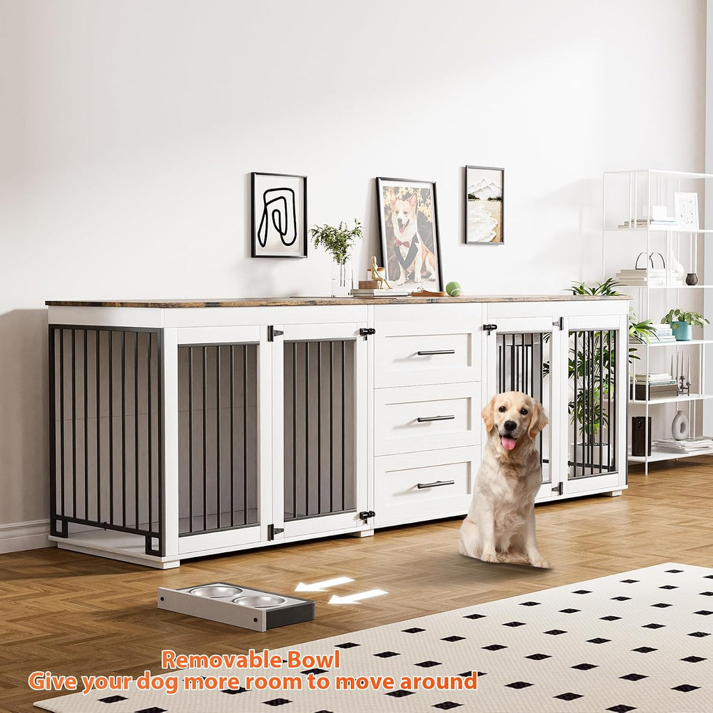 Rophefx 94.5' Dog Crate Furniture for 2 Dogs, Large Dog Kennel Furniture with 3 Storage Drawer, Wooden Dog Cage with 4 Bowls, Indoor Dog House TV Stand with Locks for Large Medium Dog, White Brown