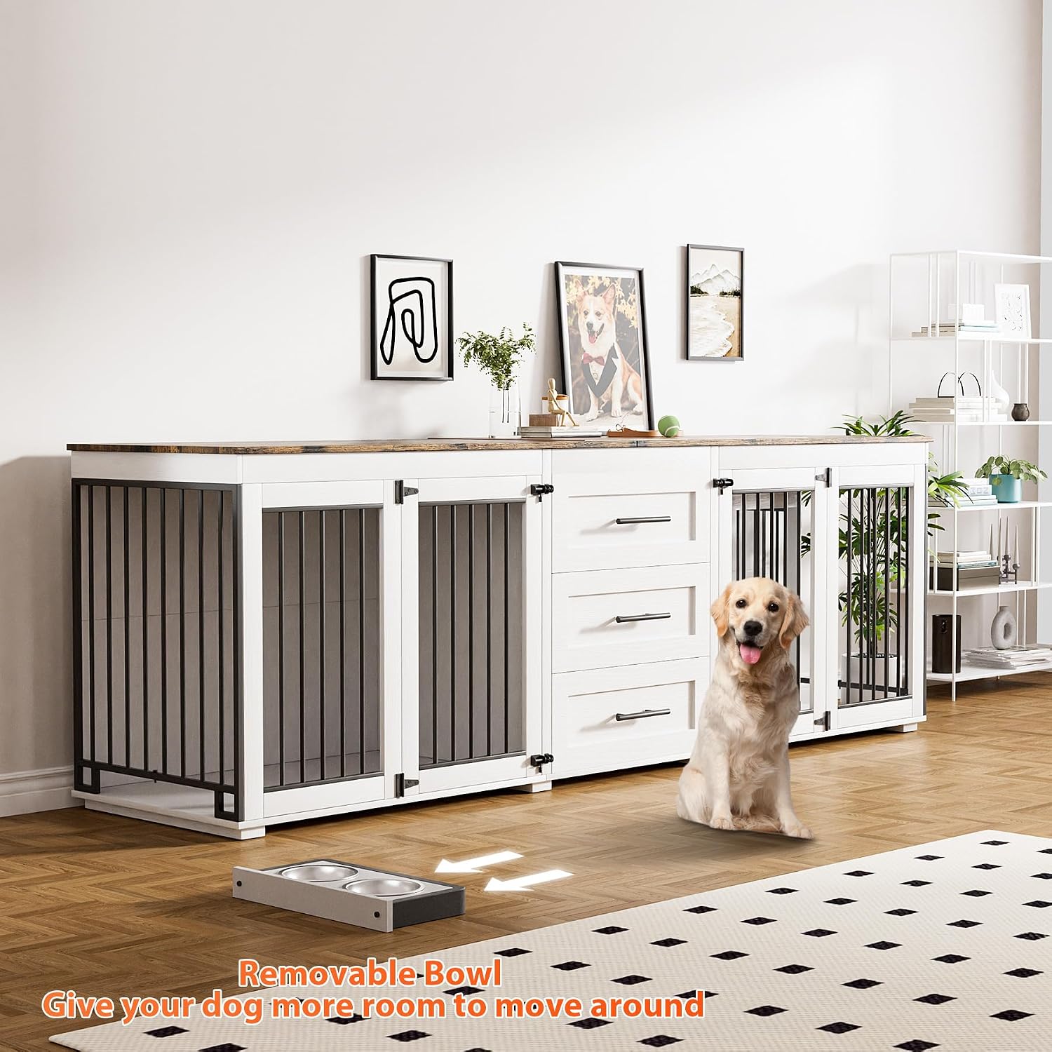 Rophefx 94.5' Dog Crate Furniture for 2 Dogs, Large Dog Kennel Furniture with 3 Storage Drawer, Wooden Dog Cage with 4 Bowls, Indoor Dog House TV Stand with Locks for Large Medium Dog, White Brown