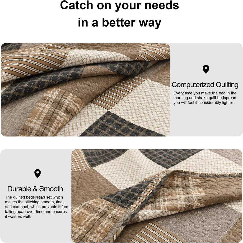 PANGUSHAN 100% Cotton Quilt Set Queen Size, Farmhouse Plaid Lightweight Comforter Rustic Bedding Set Quilted Bedspread, Charcoal/Beige/Brown for Queen Bed, 3 Pieces
