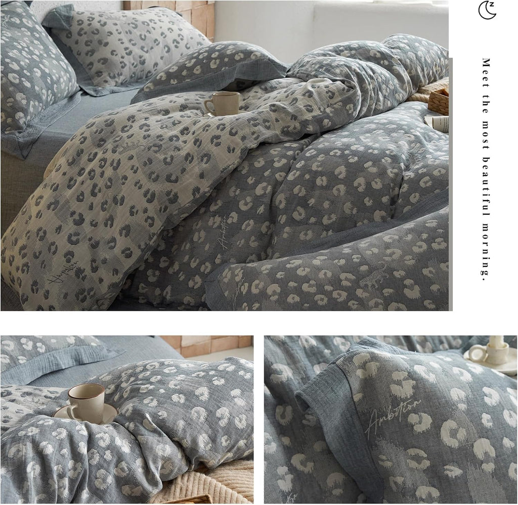 Jacquard Leopard Duvet Cover King Yarn-Dyed Linen Cotton Duvet Cover Vintage Grey Leopard Print Bedding Set Muslin Cotton Jacquard Comforter Cover Leopard Pattern Floral Duvet Cover for Men Women