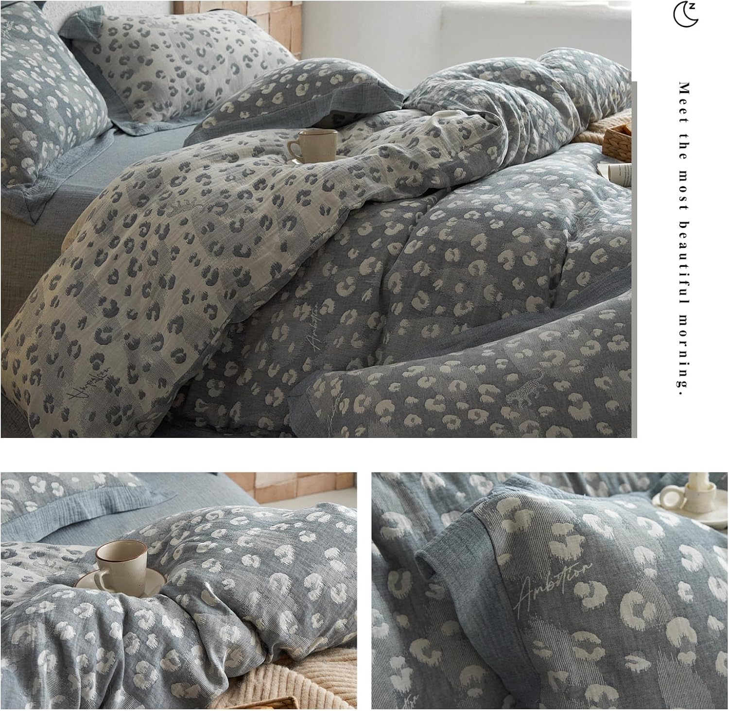 Jacquard Leopard Duvet Cover King Yarn-Dyed Linen Cotton Duvet Cover Vintage Grey Leopard Print Bedding Set Muslin Cotton Jacquard Comforter Cover Leopard Pattern Floral Duvet Cover for Men Women
