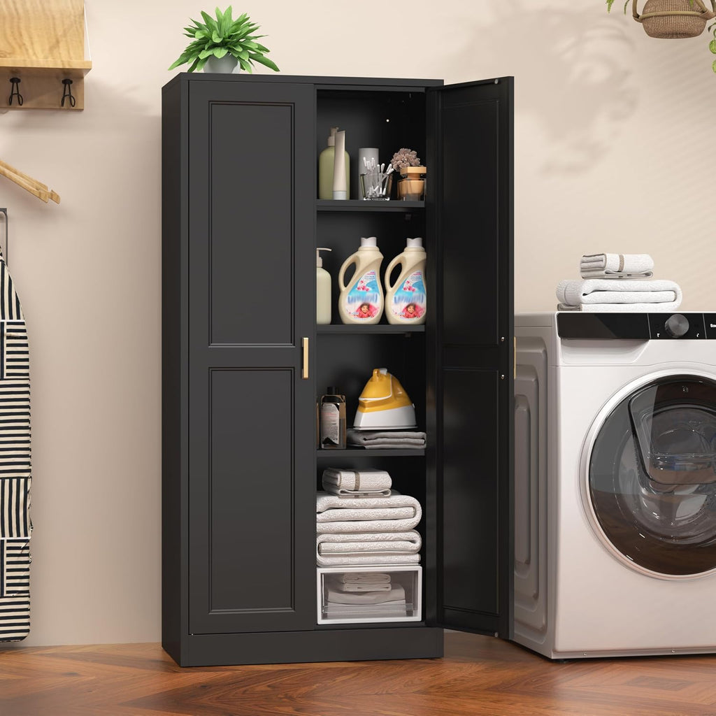 60' Tall Metal Pantry Cabinet, Black Kitchen Pantry Storage Cabinet with Doors and 3 Adjustable Shelves, Cupboard for Kitchen, Dining Room, Living Room, Bathroom