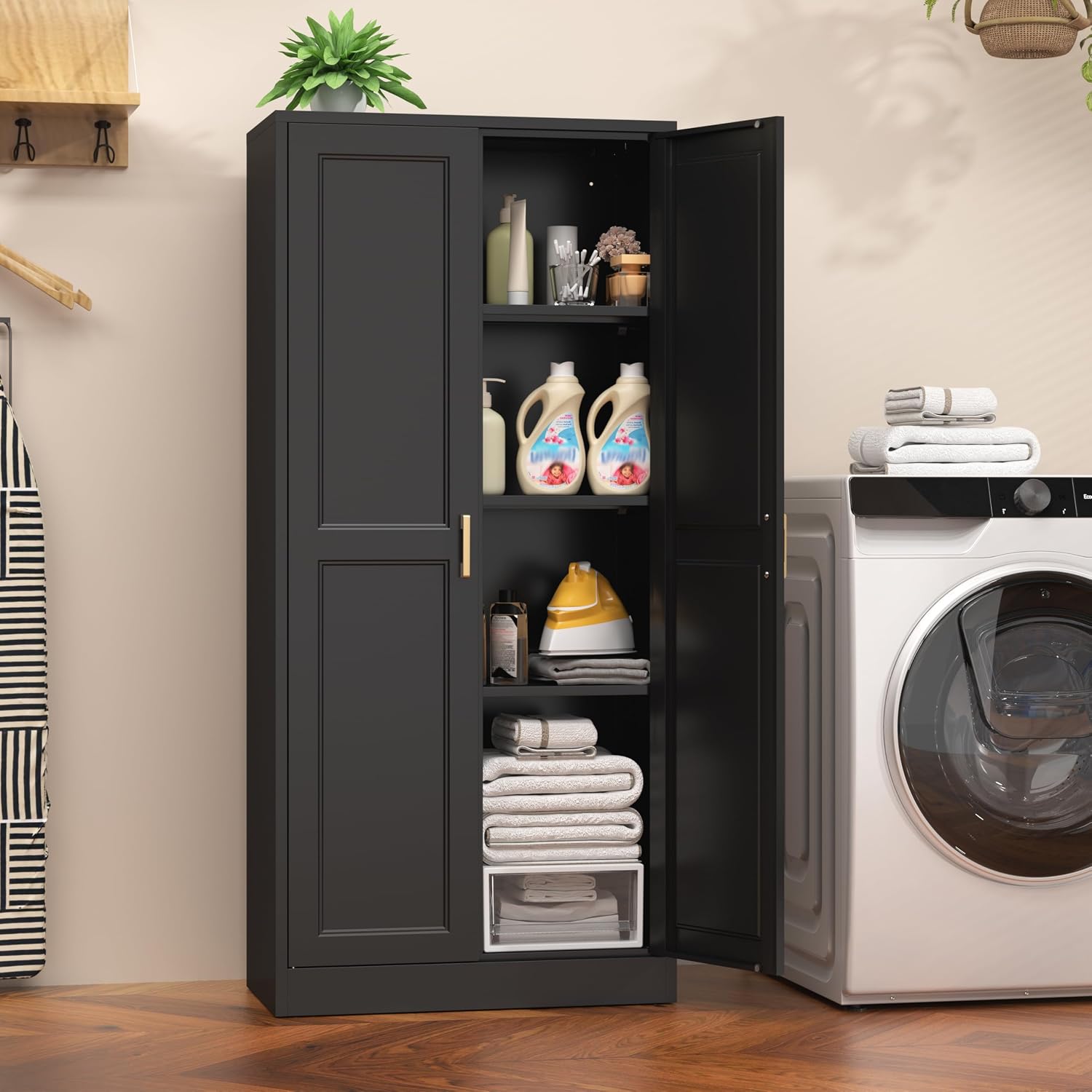 60' Tall Metal Pantry Cabinet, Black Kitchen Pantry Storage Cabinet with Doors and 3 Adjustable Shelves, Cupboard for Kitchen, Dining Room, Living Room, Bathroom