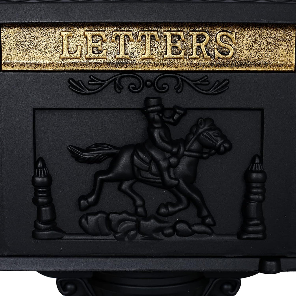 Montary Cast Aluminum Mailbox with Post, Heavy Duty Locking Security Mail Box for House Outside, Vintage Rust-Proof Large Postal Box with Keys & Baffle Door Postal Mailbox (Black)