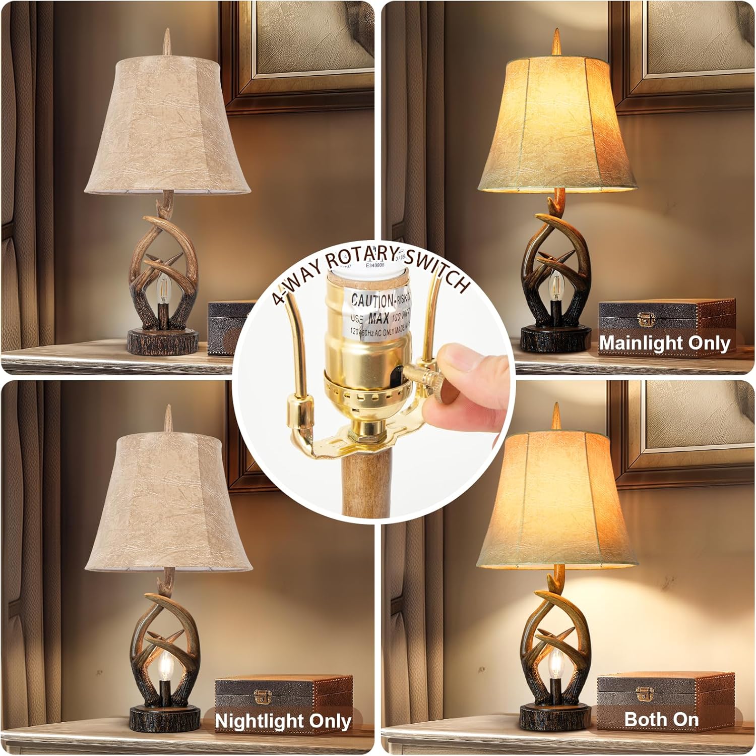 Scenekoy Rustic Farmhouse Antlers Bedside Table Lamp Set of 2 with Nightlight Dual USB Ports Leather Soft Bell Shade Brown Finish nightstand Lamp Decor for Living Room Bedroom Office House Hotel