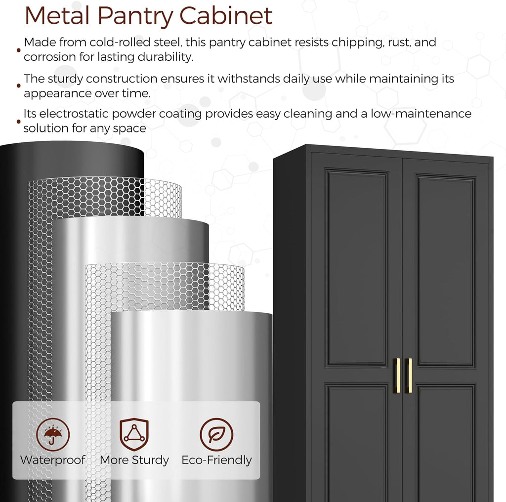 75' Kitchen Pantry Cabinet, Black Metal Storage Cabinets with 2 Doors and 4 Adjustable Shelves, Tall Pantry Storage Cabinet for Kitchen, Dining Room, Living Room
