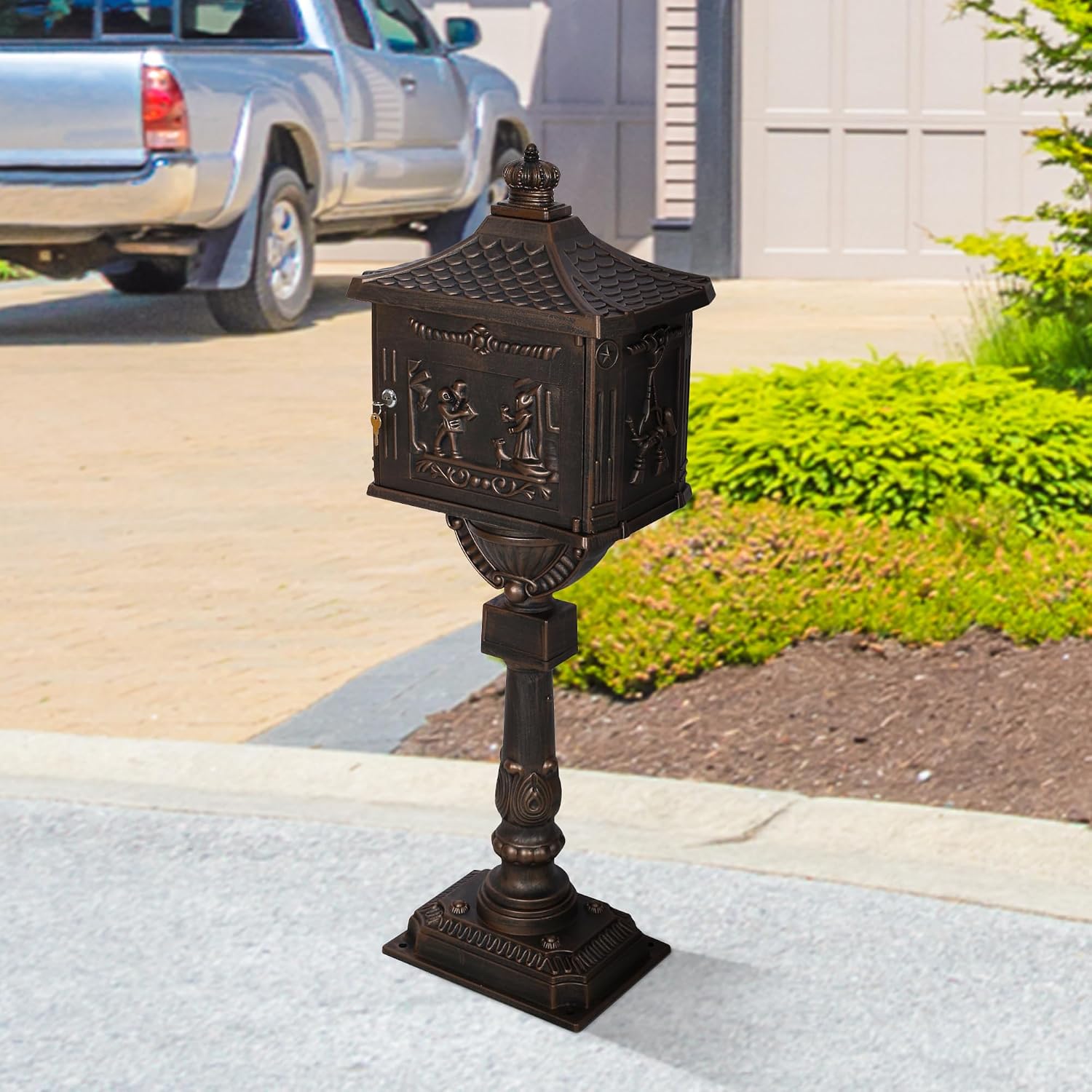 Mailbox, Heavy Duty Cast Aluminum Postal Box, Mail Box with 2 Keys for Courtyard Villa Decoration - Bronze