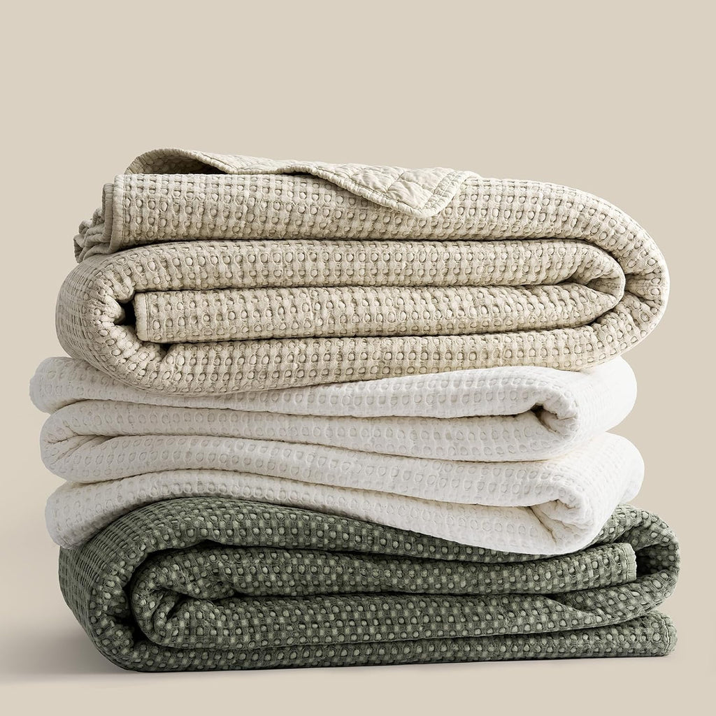 EverGrace Stonewashed 100% Natural Cotton Waffle Quilt Set Queen Size 3 Pieces, Durable, Textured & Substantial Bedding, Quilted Coverlet Bedspread with 2 Shams for All Seasons, Olive Green