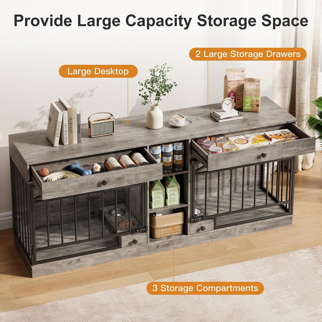 Garvee Dog Crate Furniture for 2 Dogs, Dog Kennel Indoor with Storage and Feeding Bowls, Double Dog Crate TV Stand for Small Medium Dogs, Grey