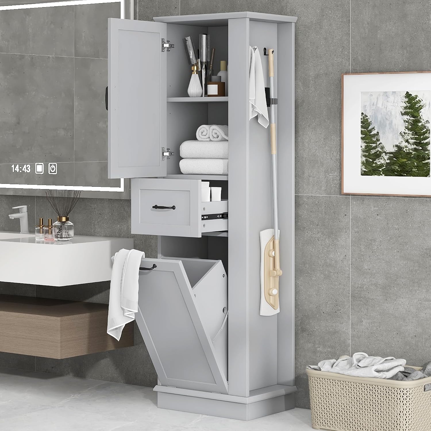 Tall Bathroom Storage Cabinet with Tilt-Out Compartment, Modern Bathroom Accent Storage Cabinet with Adjustable Shelves, Soft-Close Hinges, for Home Kitchen, Living Room (Gray Style5)