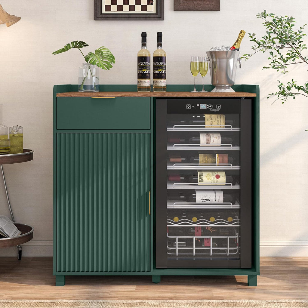 Bar Cabinet with Fridge Space&Fluted Door, Mini Fridge Cabinet with Wine Storage, Modern Sideboard Buffet Cabinet Coffee Station for Dining Room, Living Room, Kitchen, Green