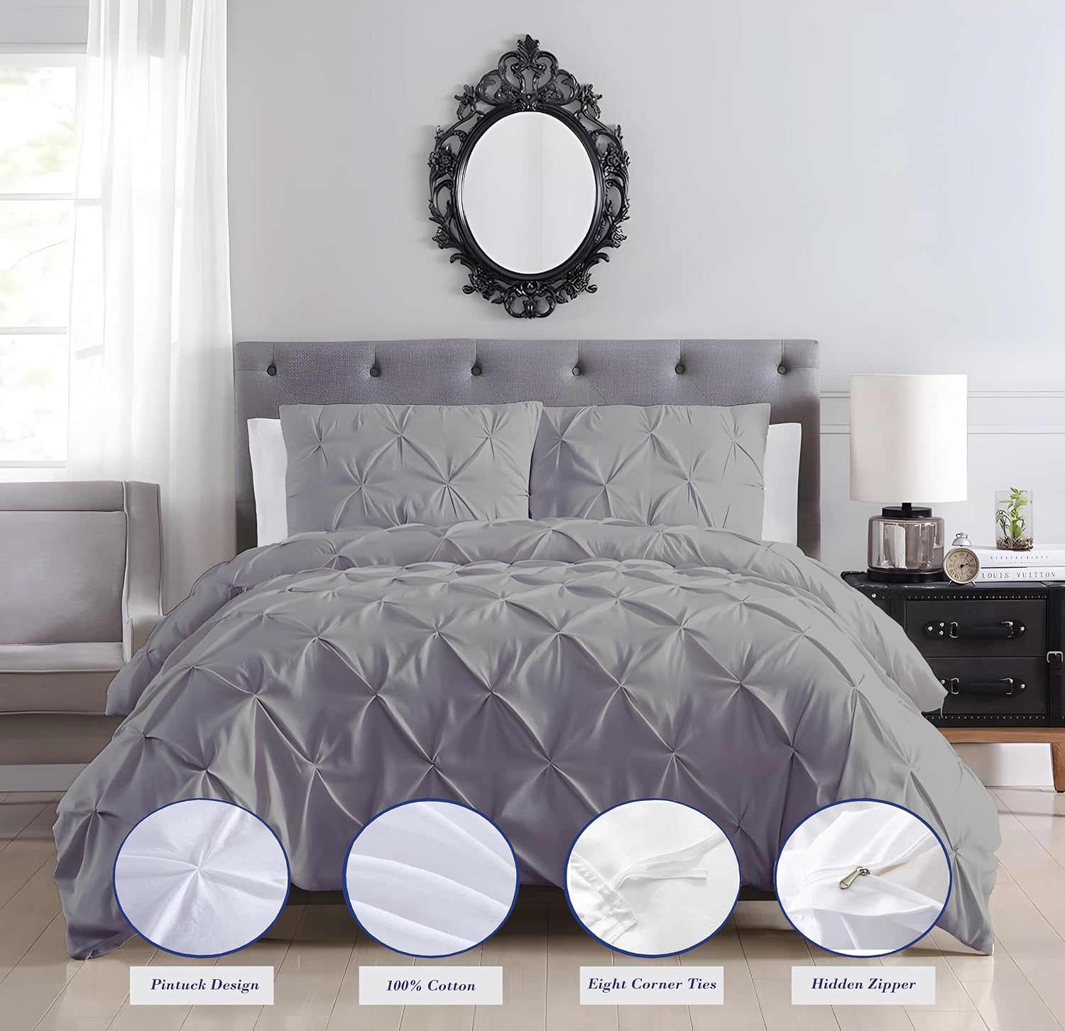 Pinch Duvet Cover Set Oversized Queen Size 1 Duvet Cover with 2 Pillow Shams 3-Pc Comforter Cover with Zipper Closure & Corner Tie 100% Egyptian Cotton Cover (98x98 Inch, Silver)