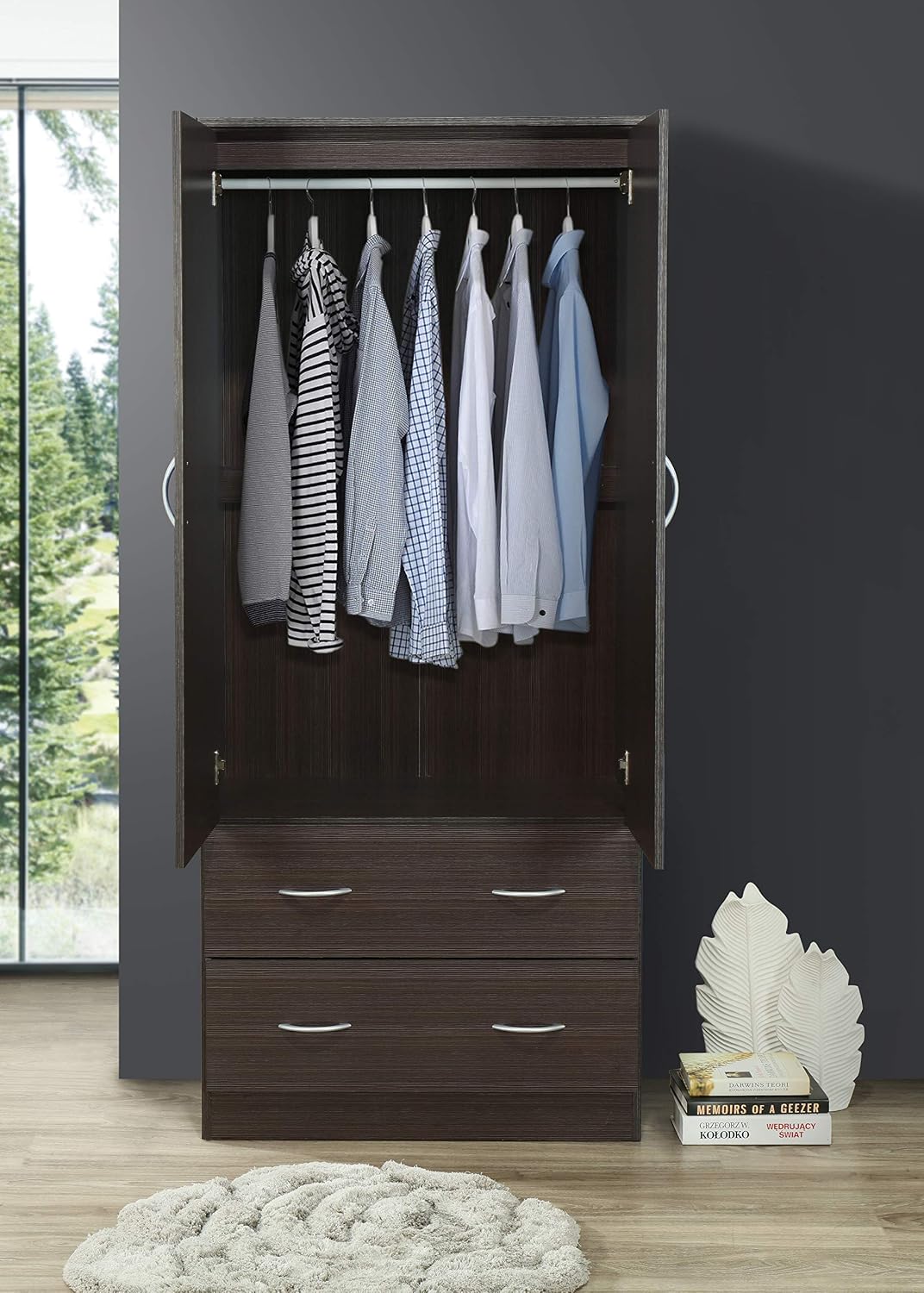 HODEDAH 2 Door Wood Wardrobe Bedroom Closet with Clothing Rod inside Cabinet, 2 Drawers for Storage and Mirror, Chocolate