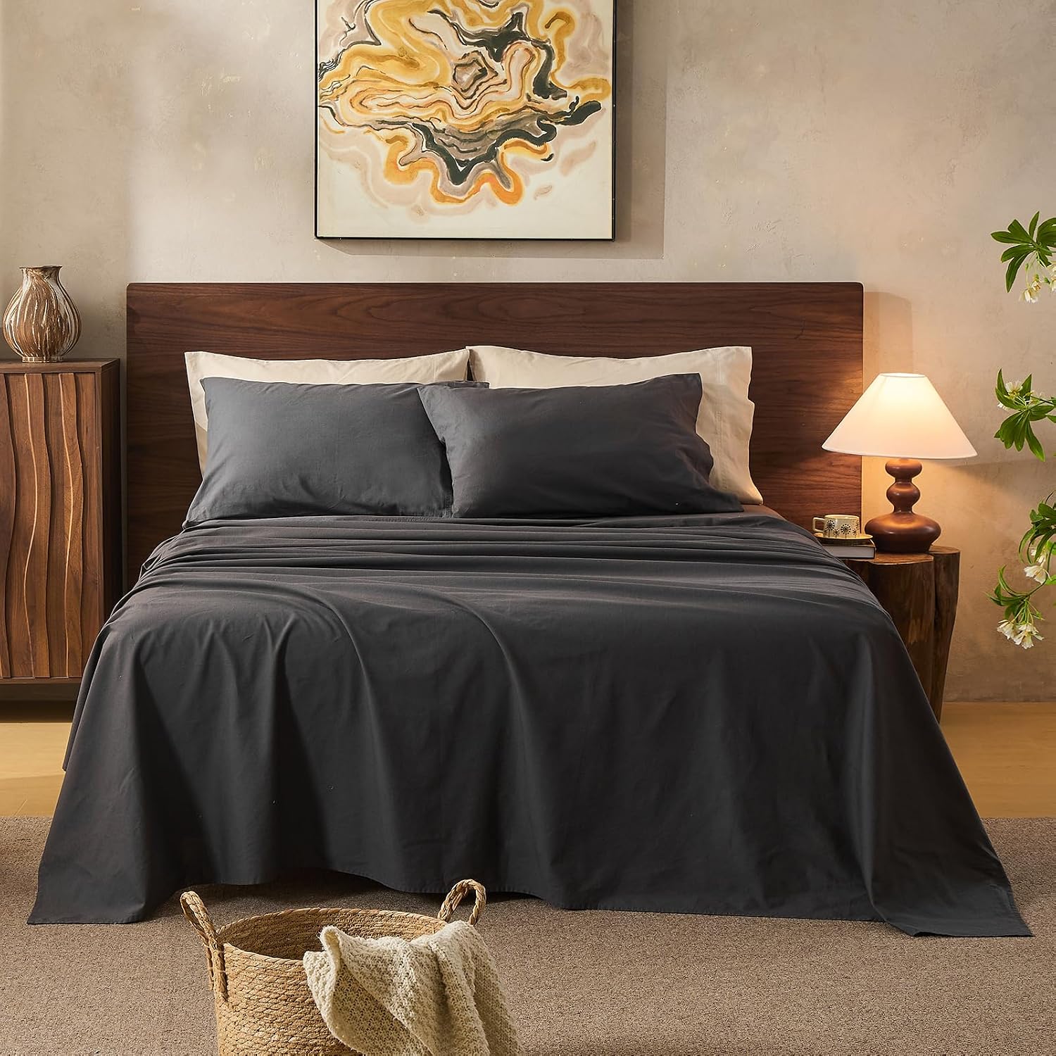100% Linen Sheets Queen Size,Breathable & Durable 4-Piece Bed Flax Sheet Set,Soft All-Season Bedding for Hot Sleepers 16' Deep Pocket Oeko-TEX Certified,（Queen, Dark Grey）