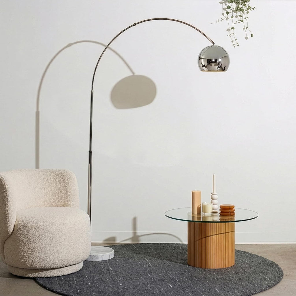 Brightech Olivia Floor Lamp - Chic Arc Lamp with Rounded Spolight Head and Marble Base for Living Room, Tall Standing Lamp with LED Light Bulb for Bedroom Reading, Boho Home Decor for Office - Chrome