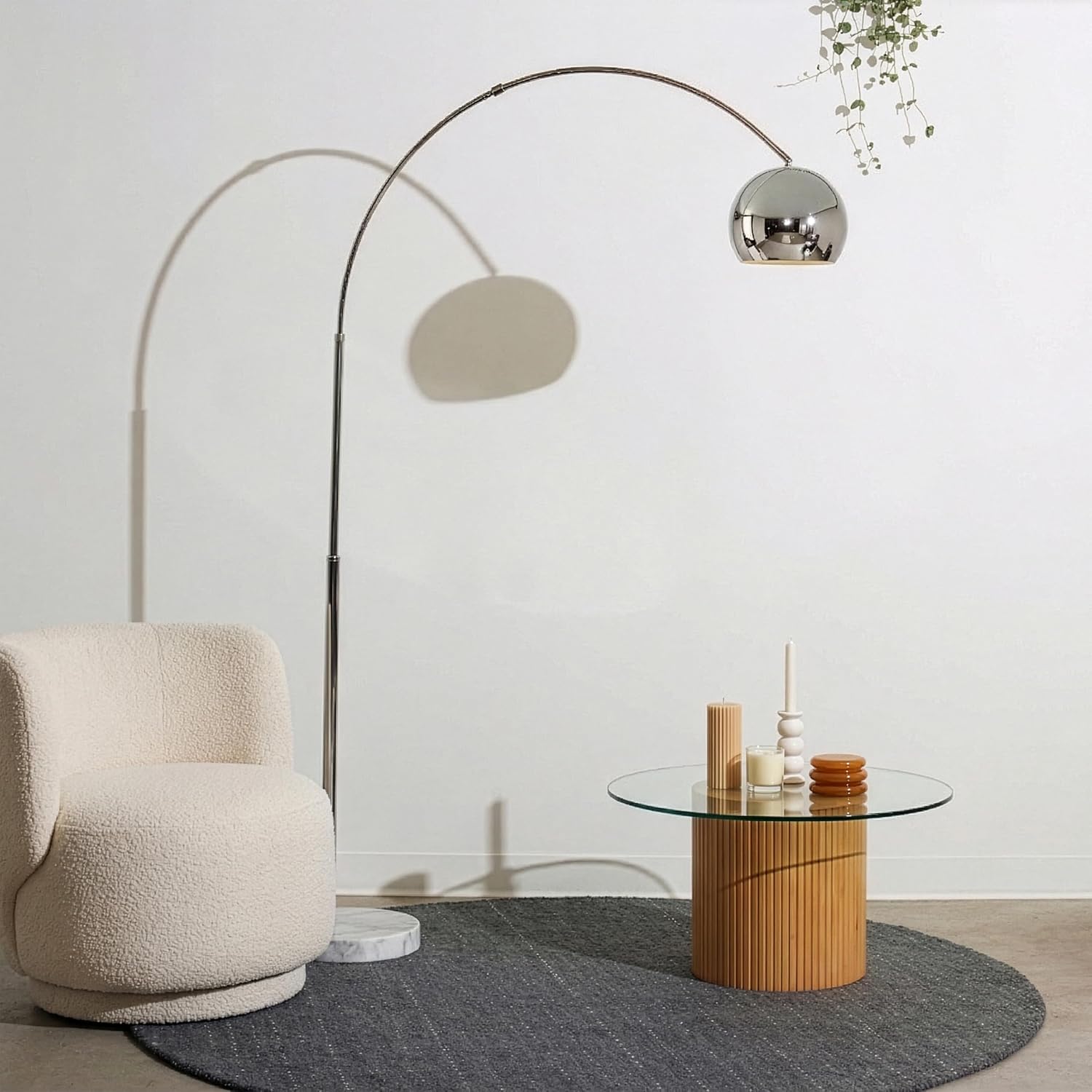 Brightech Olivia Floor Lamp - Chic Arc Lamp with Rounded Spolight Head and Marble Base for Living Room, Tall Standing Lamp with LED Light Bulb for Bedroom Reading, Boho Home Decor for Office - Chrome