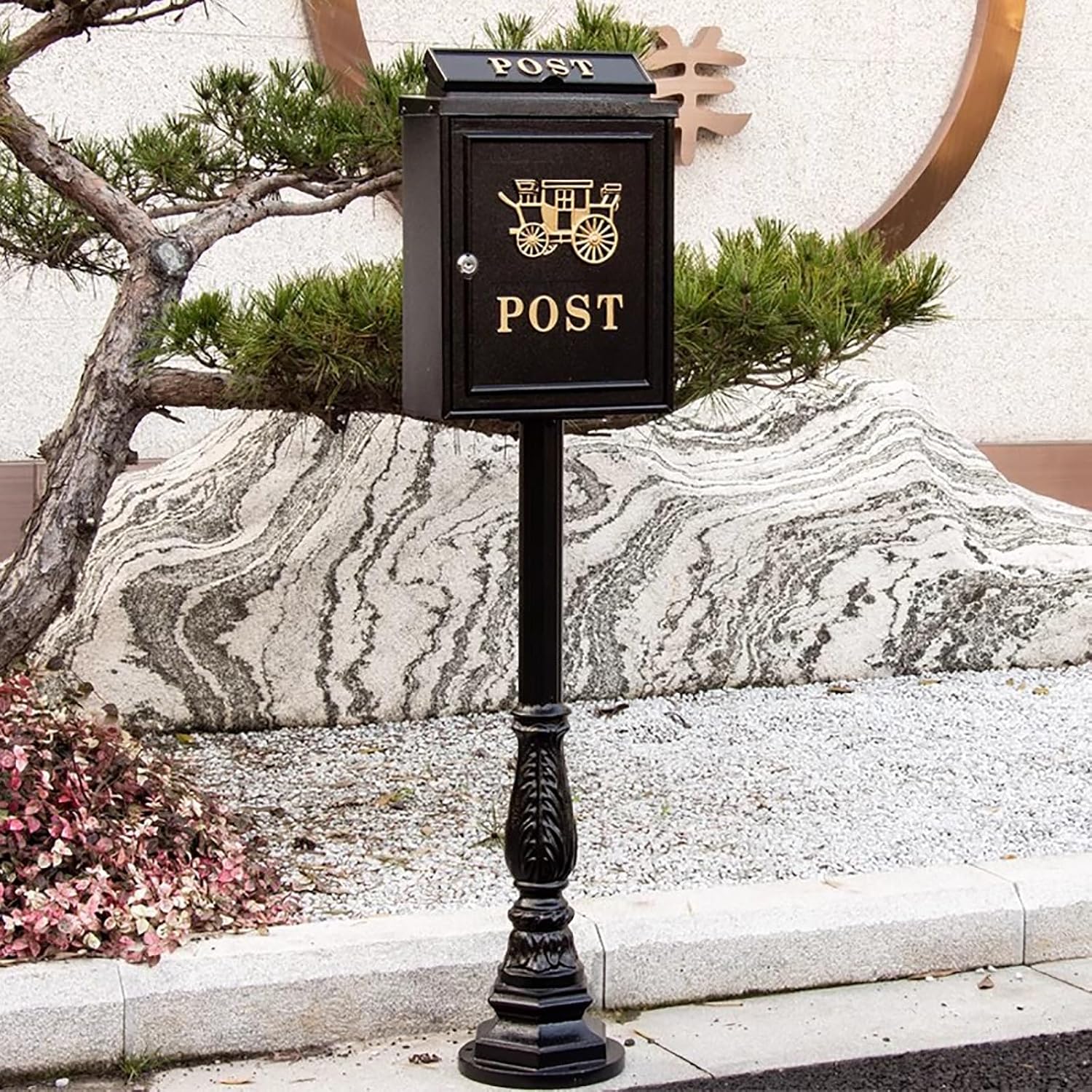 Mailboxes for Outside, Cast Aluminum Mailbox with Post, Heavy Duty Metal Mailbox with 2 Keys, for Home, Garden, Office(Black)