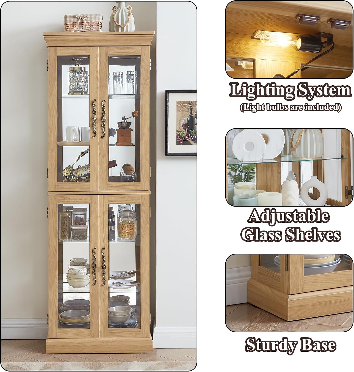71' H Lighted Curio Cabinet Display Case, Glass Curio Cabinets with Adjustable Shelves and Tempered Glass Door, Wooden Cabinet w/Mirrored Back Pane for Living Room (Light Oak)