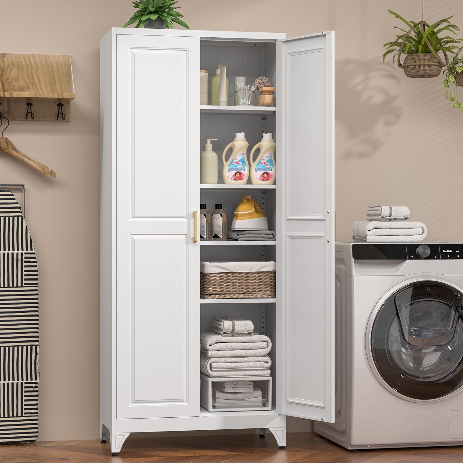 75' Kitchen Pantry Cabinet, White Metal Storage Cabinets with 2 Doors and 4 Adjustable Shelves, Tall Pantry Storage Cabinet for Kitchen, Dining Room, Living Room