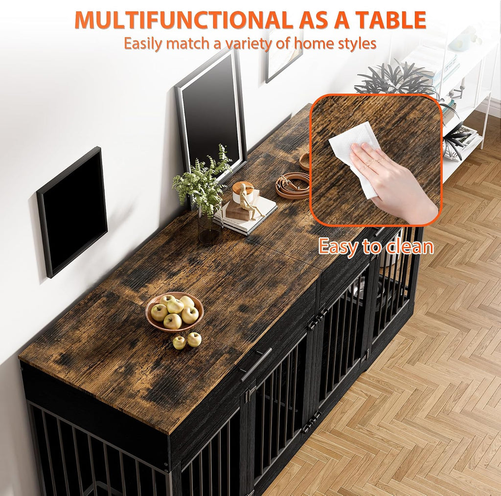 Rophefx 72' Dog Crate Furniture for 2 Dogs, Large Dog Kennel Furniture with 2 Storage Drawers and 4 Bowls, Wooden Dog Cage with Removable Divider, Indoor Dog House TV Stand for Medium Dog, Black