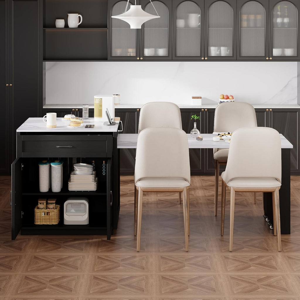 RUNNA Kitchen Island with Extendable Dining Table for 4-6 Person,Two-Tone Kitchen Table,Power Outlet Storage 2 Drawers 2 Side Open Shelves(Black~010)