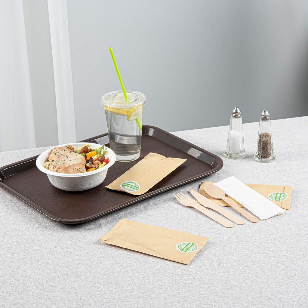 Restaurantware Eco Luxe 7 x 3.5 Inch Wooden Cutlery Set 100 Disposable Take Out Utensils - Includes White Napkin Prepackaged Birch Wood Utensil Sets Sustainable For Parties Or Picnics
