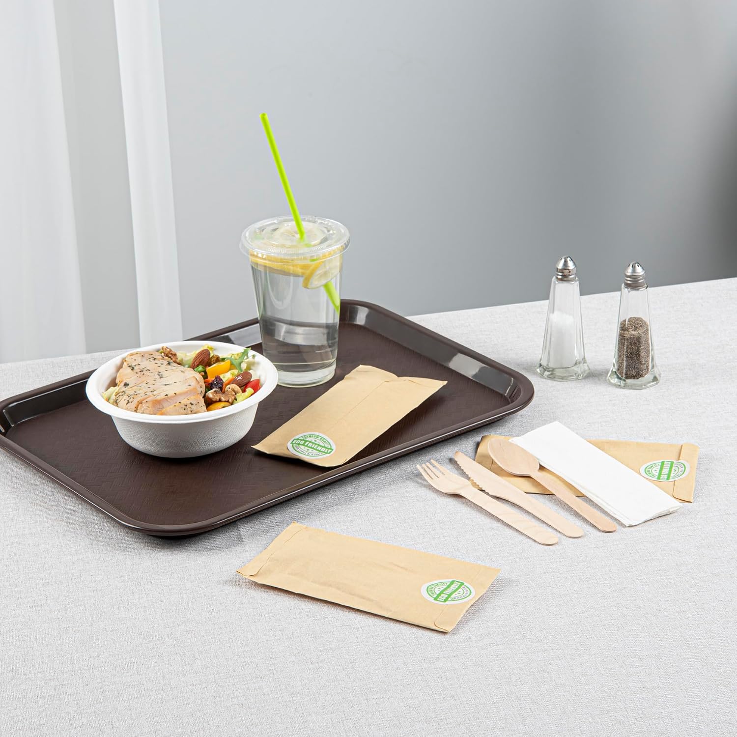 Restaurantware Eco Luxe 7 x 3.5 Inch Wooden Cutlery Set 100 Disposable Take Out Utensils - Includes White Napkin Prepackaged Birch Wood Utensil Sets Sustainable For Parties Or Picnics
