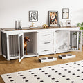 Rophefx 94.5' Dog Crate Furniture for 2 Dogs, Large Dog Kennel Furniture with 3 Storage Drawer, Wooden Dog Cage with 4 Bowls, Indoor Dog House TV Stand with Locks for Large Medium Dog, White Brown