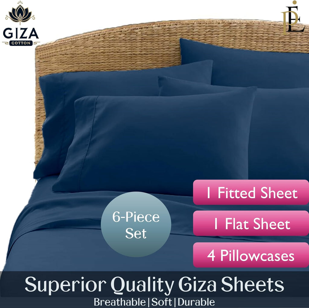 100% Giza Cotton, 1000 Thread Count, 6-PC Bed Sheet Set [Queen Size, Mediterranean Blue Color] 18 inches Deep Pockets, Long Staple Cotton Breathable Soft Silky Sateen Weave