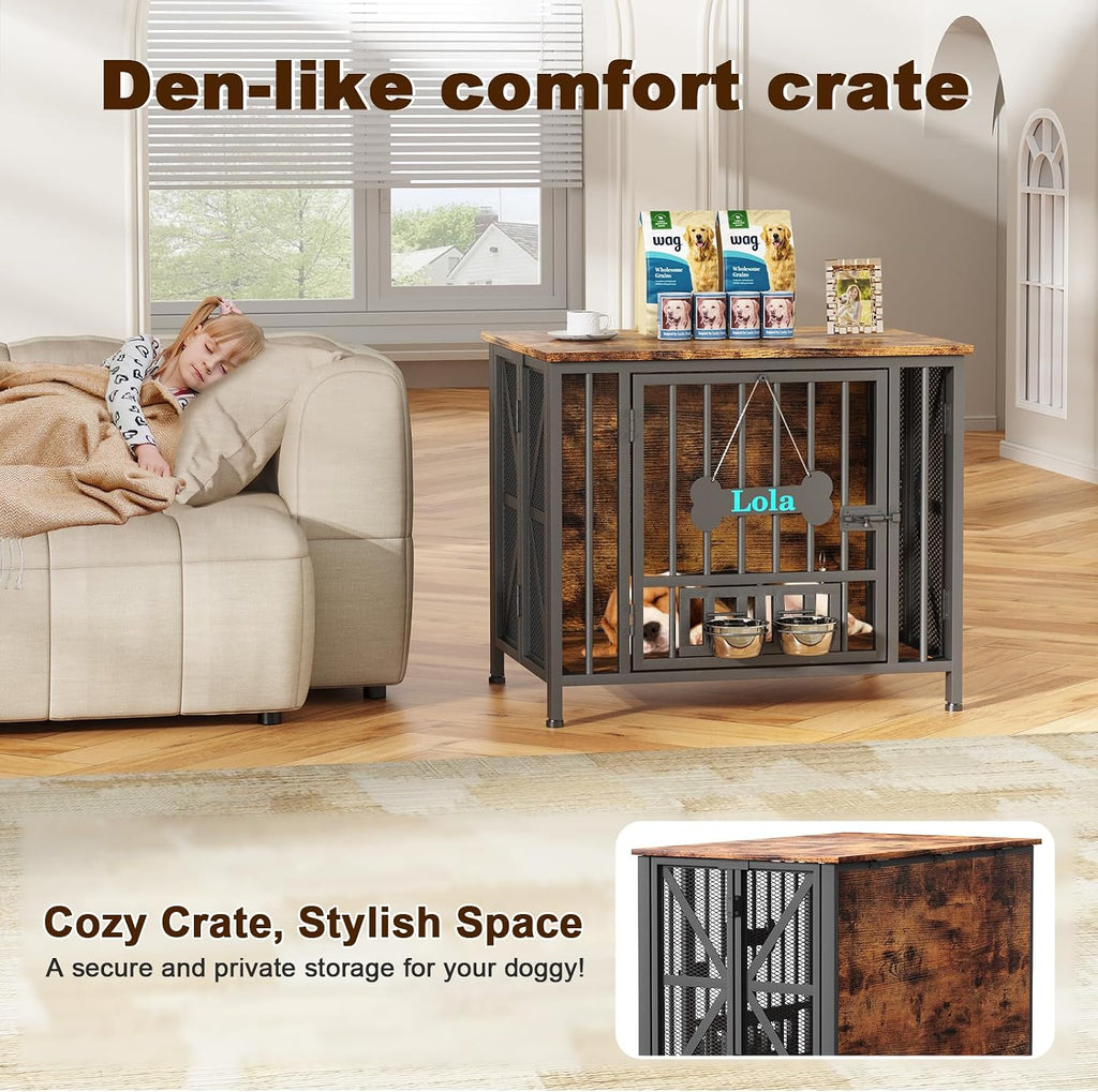Easycom Dog Crate Furniture, 31.5' Assembly-Free Dog Crates for Small & Medium Dogs, Foldable Dog Kennel Indoor with Tag & Adjustable Dog Bowls, Wooden Dog Cage Use as End Table, Rustic Brown