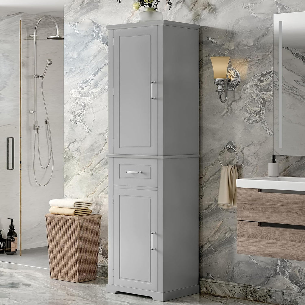 Tall Bathroom Storage Cabinet, Freestanding Bathroom Accent Storage Cabinet with Doors & Adjustable Shelves & Built-in Door Shelf for Home Kitchen, Living Room (Grey Style3)