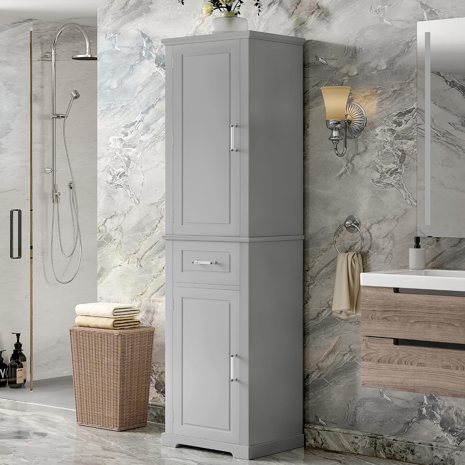 Tall Bathroom Storage Cabinet, Freestanding Bathroom Accent Storage Cabinet with Doors & Adjustable Shelves & Built-in Door Shelf for Home Kitchen, Living Room (Grey Style3)