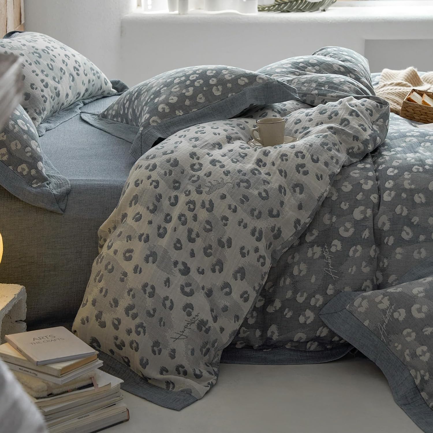 Jacquard Leopard Duvet Cover King Yarn-Dyed Linen Cotton Duvet Cover Vintage Grey Leopard Print Bedding Set Muslin Cotton Jacquard Comforter Cover Leopard Pattern Floral Duvet Cover for Men Women