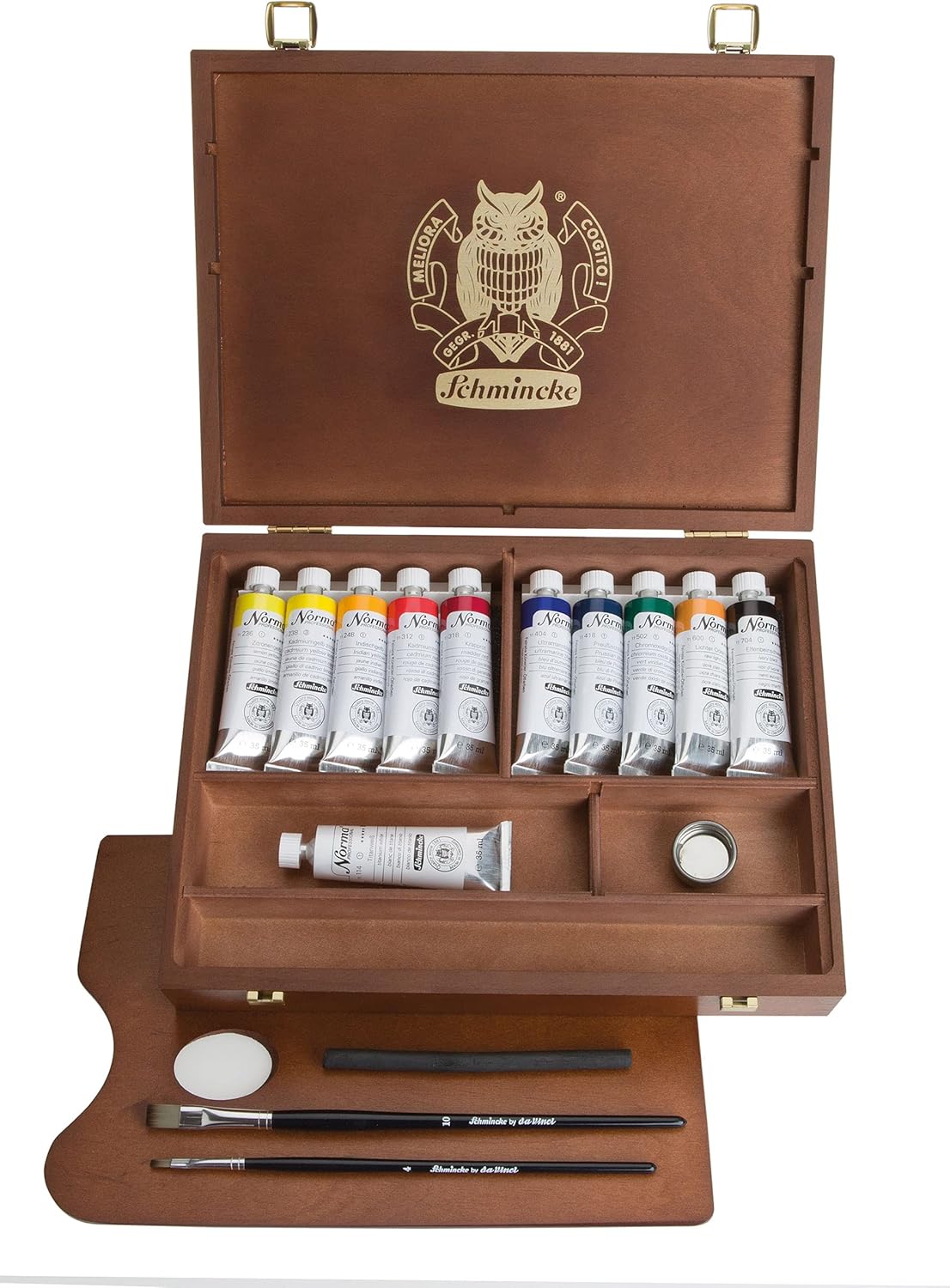 Schmincke - Norma® finest oil colors, premium wooden box, 11 x 35 ml set oil painting, 71 310 097, accessories: palette plug, drawing charcoal, 2 daVinci brushes.
