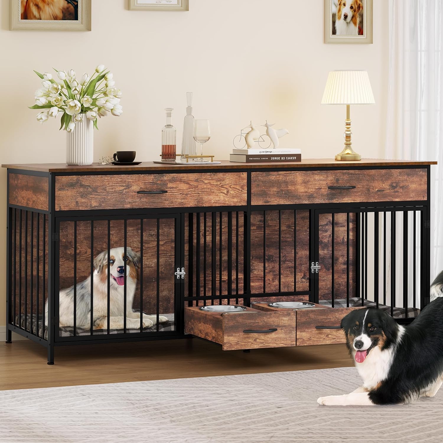 DWVO Double Dog Crate TV Stand with Dog Feeder, 74.8' Wooden Large Dog Kennel with Storage, Double Dog Crate Furniture for 2 Small Medium Dogs, Brown