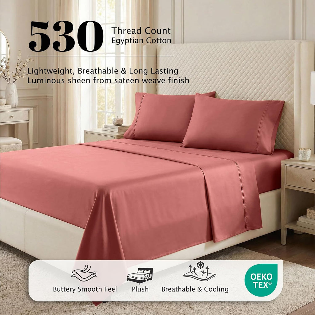 Superior Egyptian Cotton 530 Thread Count Bed Sheet Set, 1 Elastic Deep Pocket Fitted Sheet, 1 Flat Sheet, 2 Pillowcases, Soft Bedding, Luxury Sheets, Sateen Weave, Queen Size, Blush