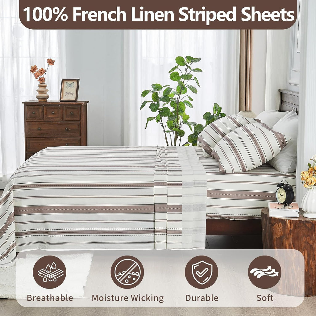 100% Linen Sheets Queen Size,Breathable & Durable 4-Piece Bed Flax Stripes Sheet Set,Soft All-Season Bedding for Hot Sleepers 16' Deep Pocket Oeko-TEX Certified,（Queen, Brown Stripes）