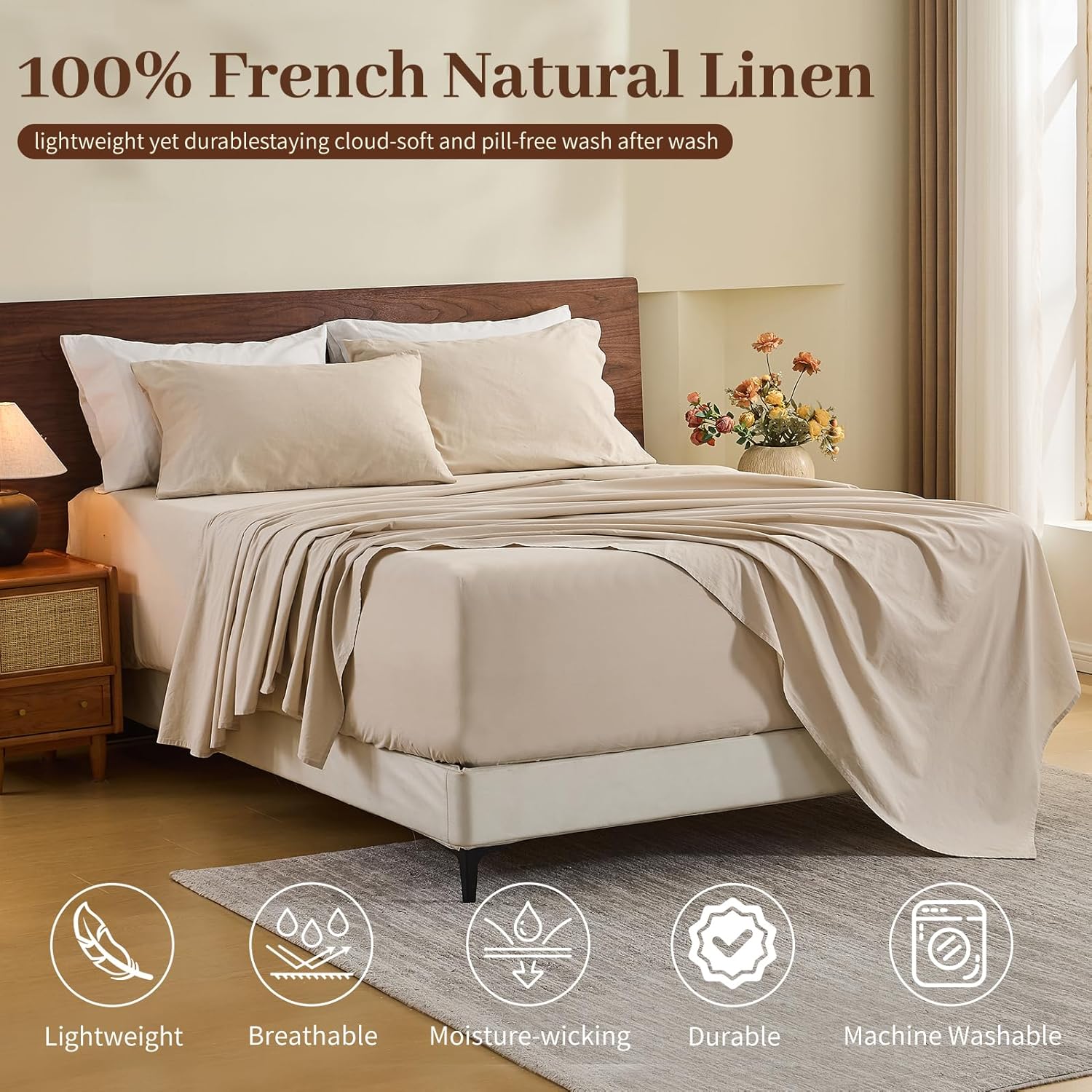 MEISHANG 100% French Pure Linen Sheets California King Size - 6 PC Extra Deep Pocket Sheet Set, Soft Durable Flax Linen, Anti-Tear Breathable & Oeko-Tex Certified 18-24 Deep Pocket,All Season(Linen)