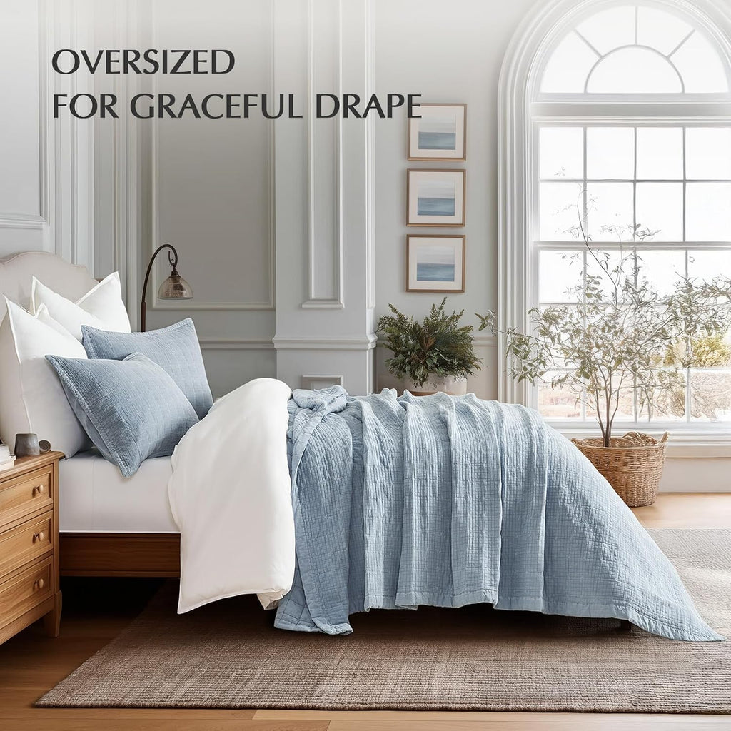EVERGRACEHOME Stonewashed Cotton Quilt Set Queen Size, Ultra Soft Oversized Bedspread Coverlet Set, Lightweight Crinkle Box Stitch Bedding Sets for All Season, with 2 Matching Shams, Blue Linen