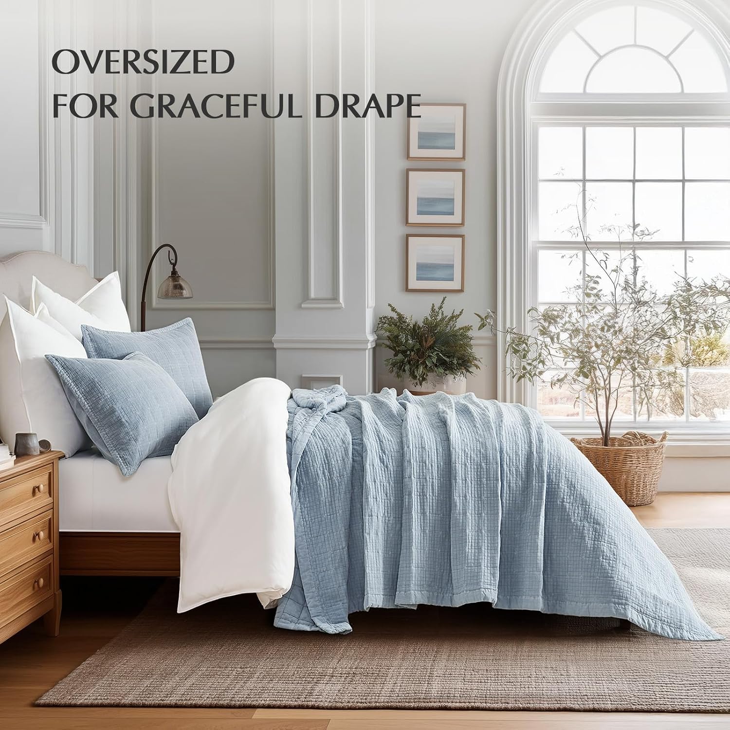 EVERGRACEHOME Stonewashed Cotton Quilt Set Queen Size, Ultra Soft Oversized Bedspread Coverlet Set, Lightweight Crinkle Box Stitch Bedding Sets for All Season, with 2 Matching Shams, Blue Linen