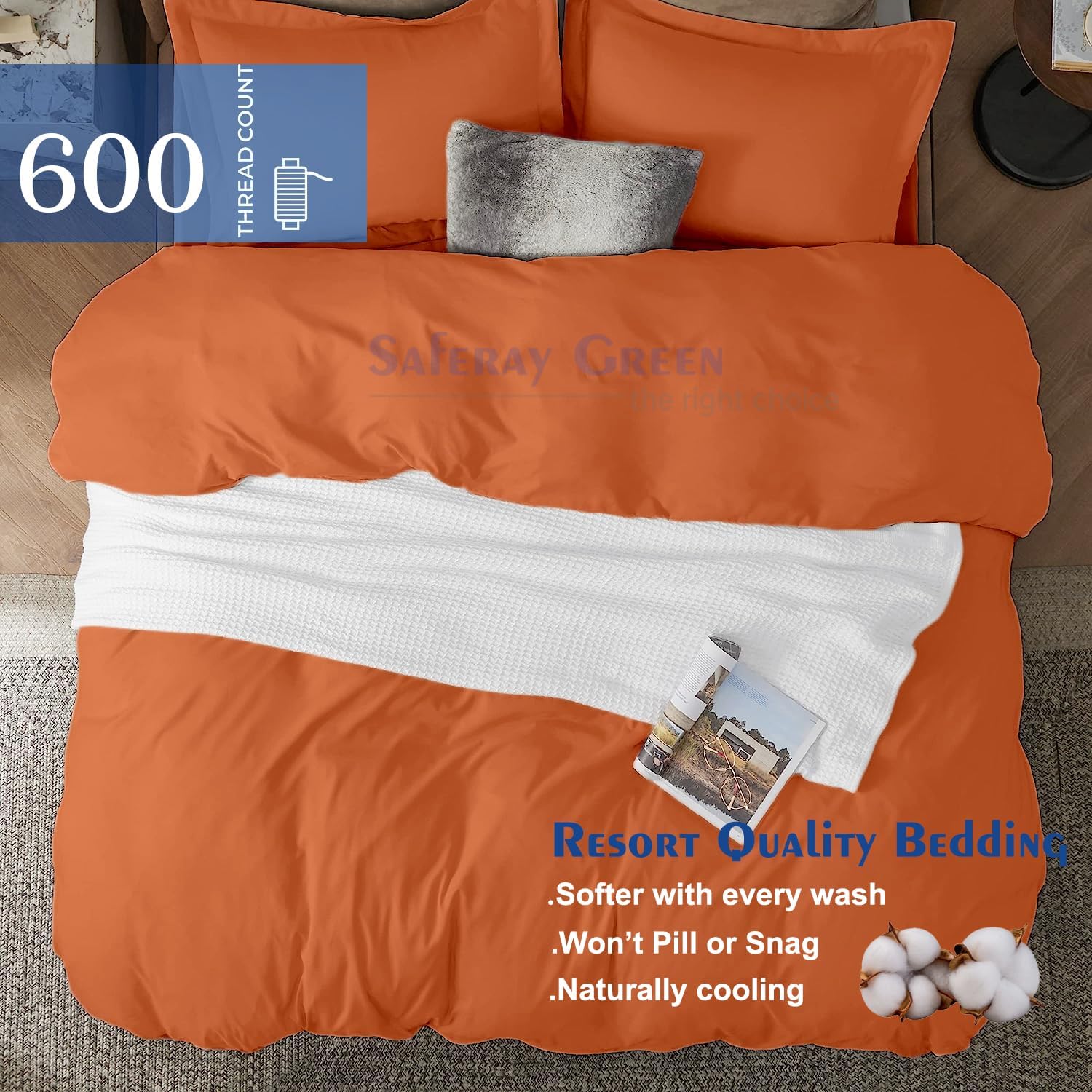 Burnt Orange Duvet Cover Set Oversized Queen Size 1 Duvet Cover with 2 Pillow Shams 3-Pc Comforter Cover with Zipper Closure & Corner Tie 100% Egyptian Cotton (98x98 Inch,Burnt Orange)