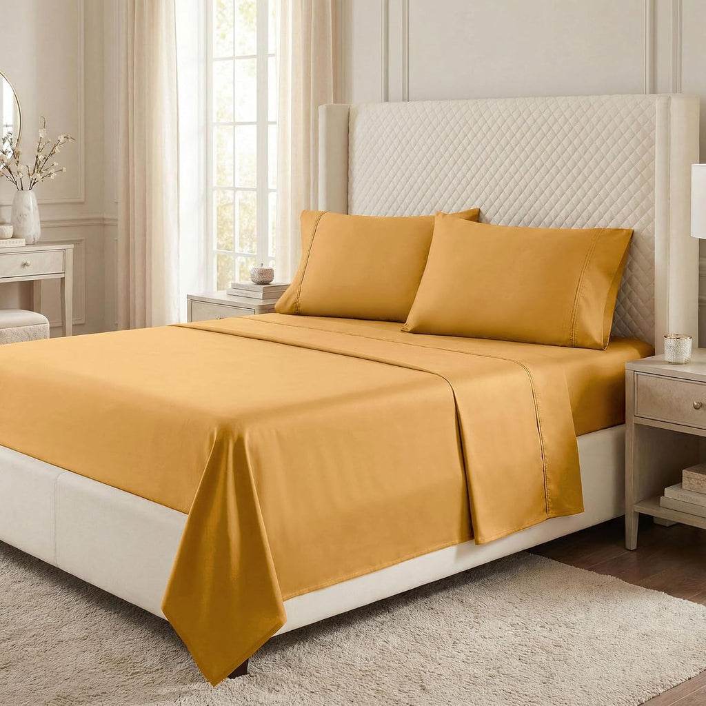 Superior Egyptian Cotton 530 Thread Count Bed Sheet Set, 1 Elastic Deep Pocket Fitted Sheet, 1 Flat Sheet, 2 Pillowcases, Soft Bedding, Luxury Sheets, Sateen Weave, Queen Size, Gold