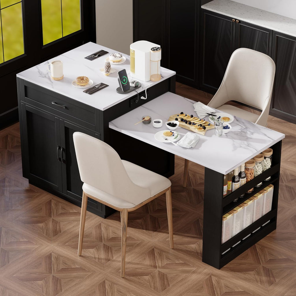 RUNNA Kitchen Island with Extendable Dining Table for 4-6 Person,Two-Tone Kitchen Table,Power Outlet Storage 2 Drawers 2 Side Open Shelves(Black~010)