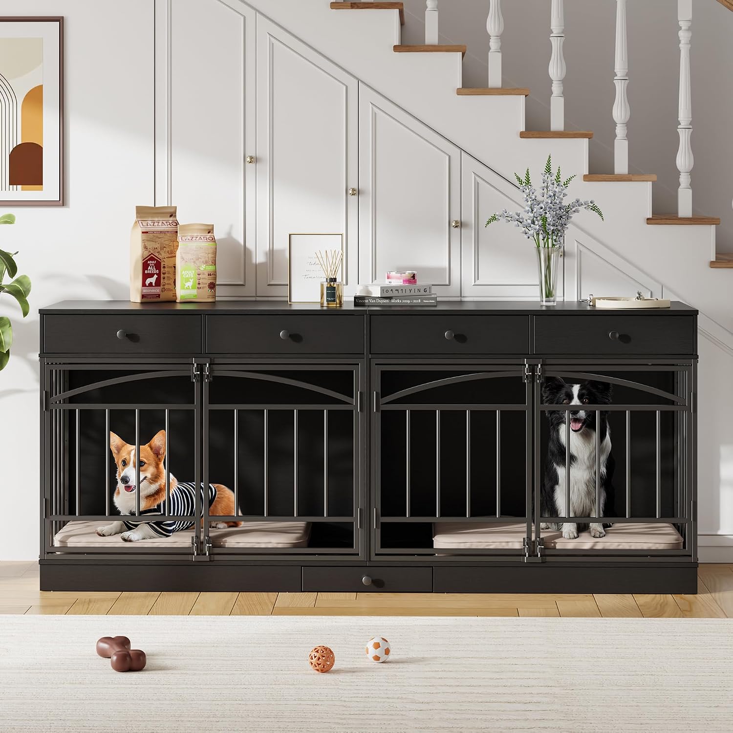GarveeHome Dog Crate Furniture for 2 Dogs, Dog Kennel Indoor with 4 Storage Drawers and Feeding Bowls, Double Dog Crate TV Stand for Small Medium Dogs, Black