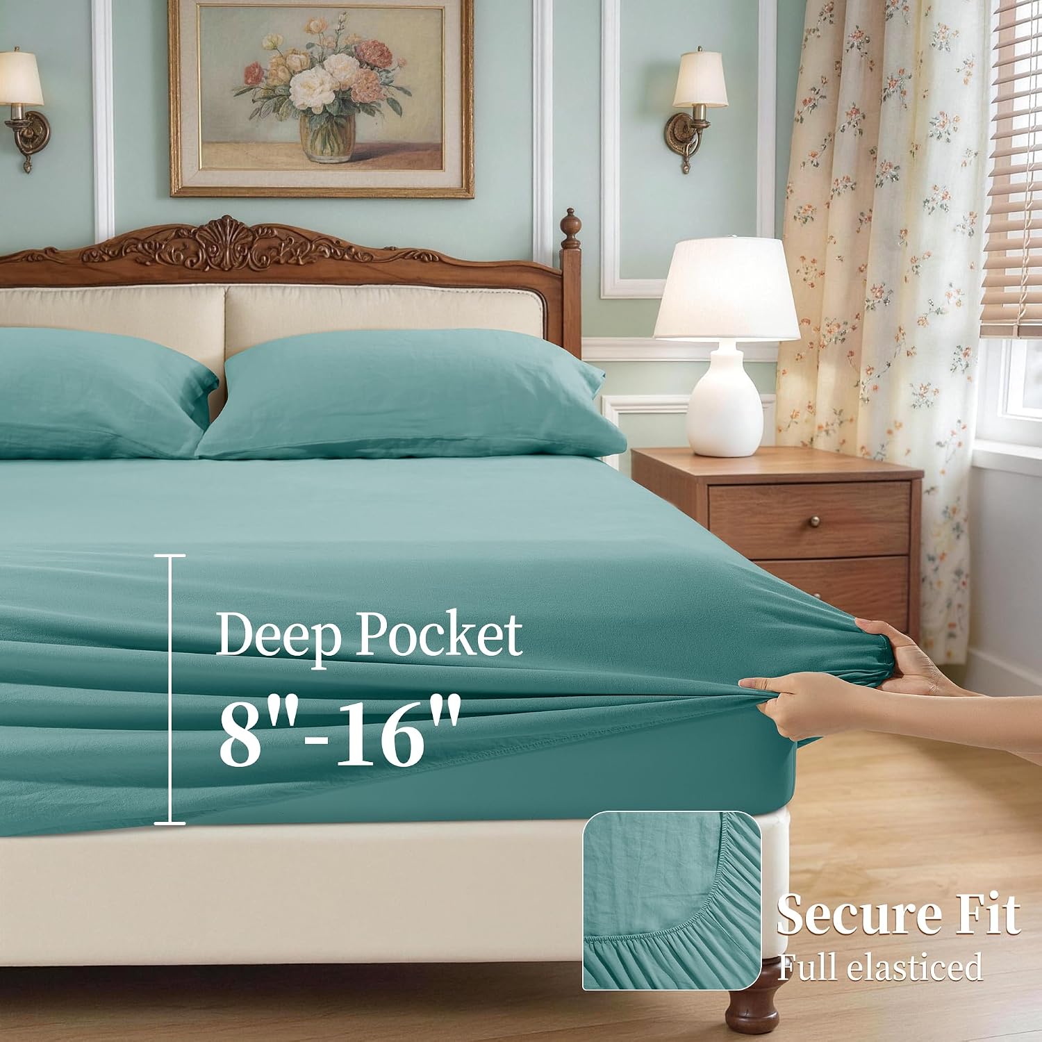 100% Pure Linen Sheet Set for Hot Sleepers, Breathable Natural Linen Sheets 4pcs, Bedding Set Deep Pocket Up to 16' Moisture-Wicking, Softens with Every Wash (Aqua Full)