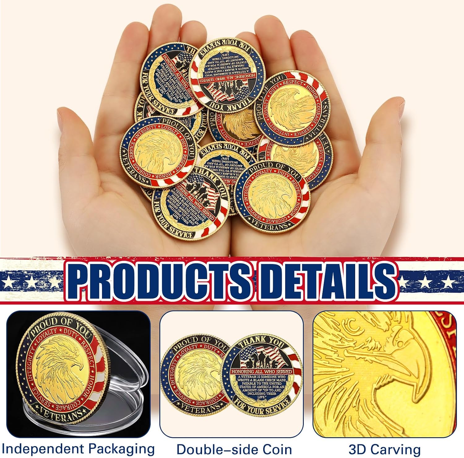 Siifert 100 Pcs Military Challenge Coins Independence Day Veteran Commemorative Thank You for Your Service Round Metal Christian Coin for Collectors Military Church School Party Collectible Souvenir