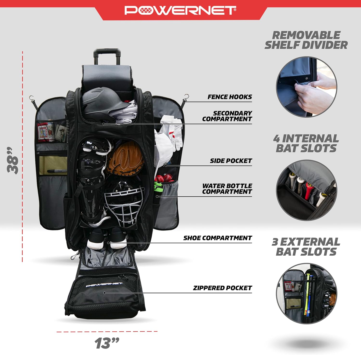 PowerNet Optimus Catcher's Bag, Rolling Equipment Bag Holds All Baseball & Softball Gear, 7 Internal Bat Sleeves, Cleat Compartment, Personalization Panel & Hooks