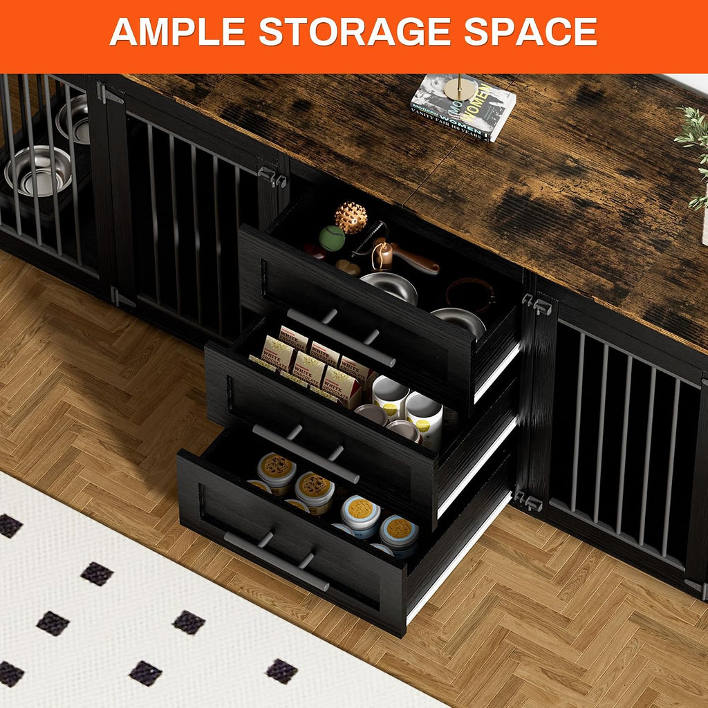 Rophefx 94.5' Dog Crate Furniture for 2 Dogs, Large Dog Kennel Furniture with 3 Storage Drawer, Wooden Dog Cage with 4 Bowls, Indoor Dog House TV Stand with Locks for Large Medium Dog, Black
