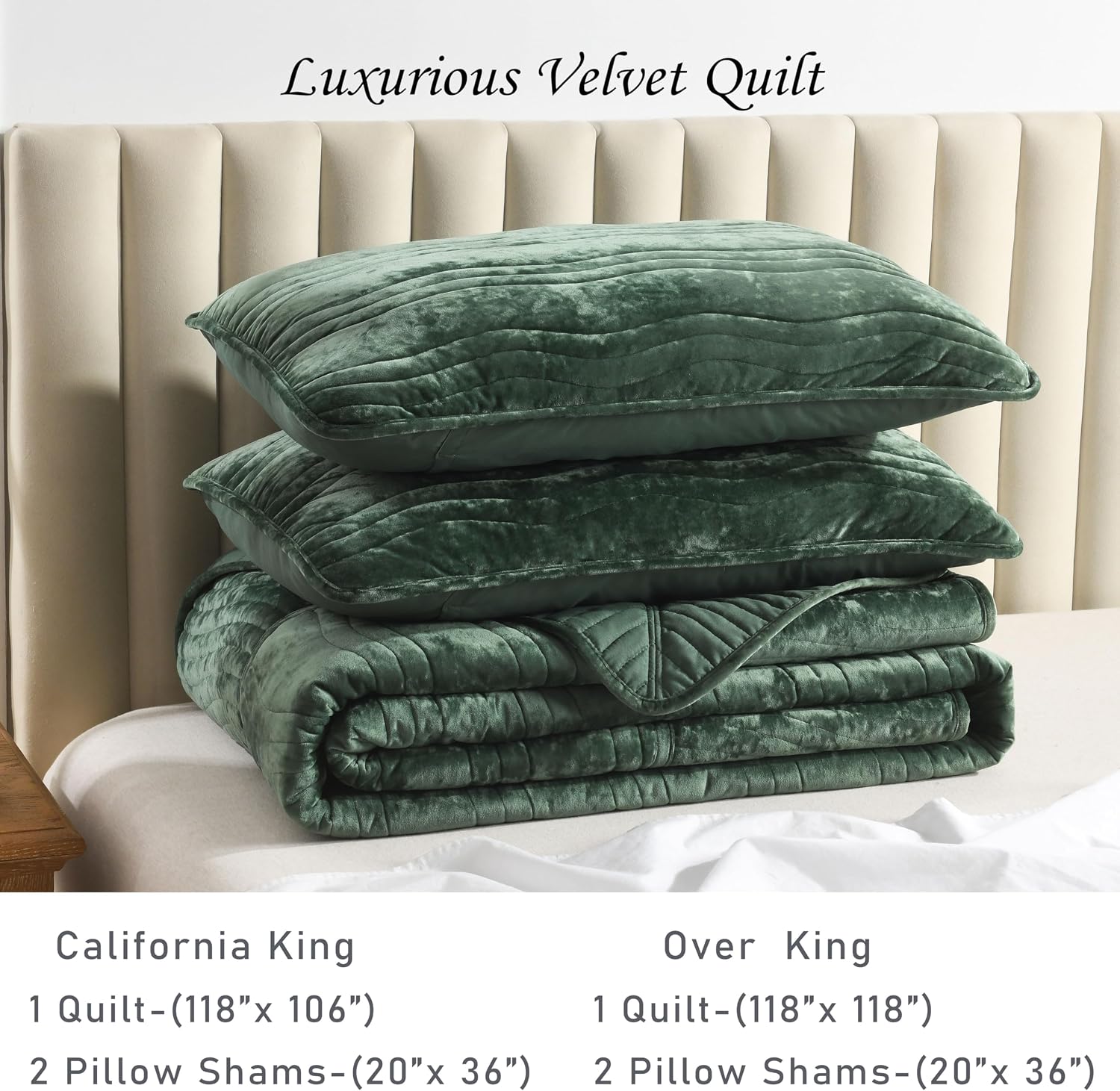 Velvet Oversized King Quilt Set, California King Comforter Set Emerald Green Bedding Set (118'*118') with 2 Pillow Shams, Luxurious Quilt Set,All-Season 3 Pieces